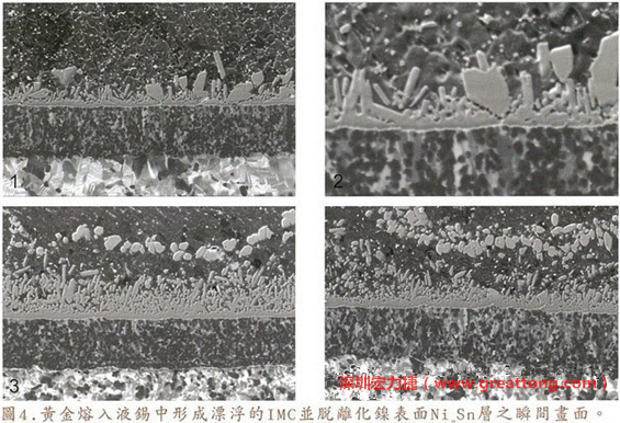 下面四張圖片為放大4500倍的SEM圖像，說明在回流焊爐熱量不足的情況下，黃金成份正要從鎳層分離融入焊錫之中的瞬間，當零件遭受外力沖擊的時候就極有可能從這一整排AuSn、、AuSn2或AuSn4的IMC處裂開。