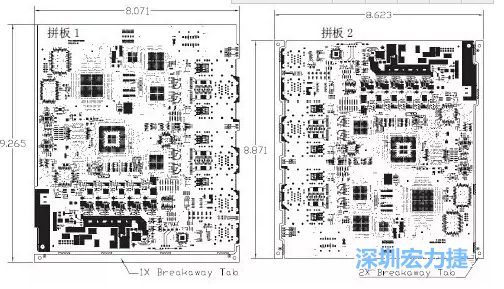 如圖7所示是使用不同數(shù)量邊條的拼板，拼板1僅使用了一個邊條，直接利用PCB另一邊作為SMT工藝傳送邊，并且PCB圖形中有合適的安裝孔；而拼板2則是按常規(guī)設(shè)計了兩個邊條。拼板方式為連接筋。圖中“Breakaway Tab”指邊條-深圳宏力捷