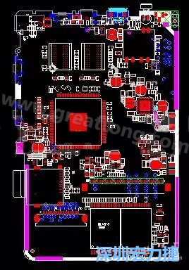 上圖是一個開發(fā)板的PCB，從布局中可以看出各個接口電路分離很明確，SDRAM和DDR以及SD卡接口電路等走線不會造成相互的干擾。-深圳宏力捷