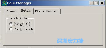 點(diǎn)擊工具欄File→Tools→Pour Manager調(diào)出下圖的覆銅菜單選擇Hatch，Hatch Mode則選Hatch All，按Start進(jìn)行覆銅