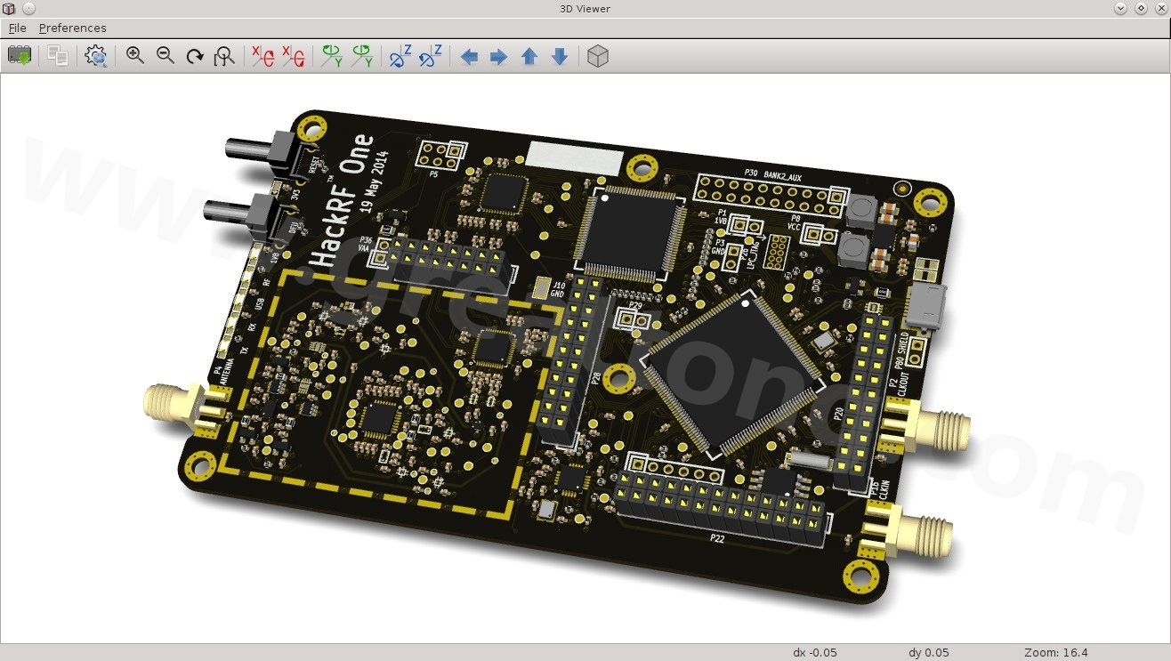 經(jīng)KiCad軟體3D功能渲染過的HackRF One電路板。