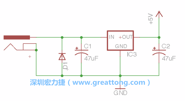 新增RBBB→Power_Jack，將它放在電壓調整器的輸入端旁邊。