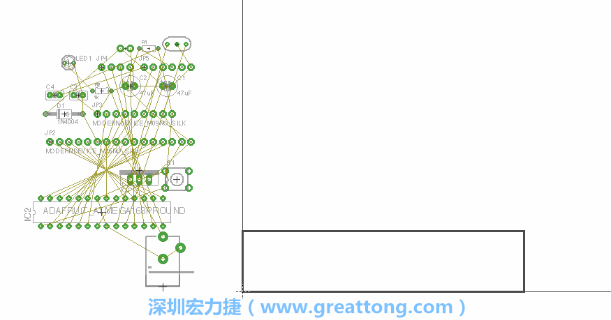 第一次執(zhí)行布線(xiàn)編輯器時(shí)，你會(huì)發(fā)現(xiàn)有兩個(gè)區(qū)塊，左邊的區(qū)塊非?；靵y，而右邊的區(qū)塊則是一個(gè)長(zhǎng)方形的工作區(qū)域，EAGLE免費(fèi)版會(huì)限制你的工作區(qū)域在4” x 3.2”的范圍內(nèi)，如果你試圖將元件擺放在工作區(qū)外的話(huà)，就會(huì)跳出警示訊息。