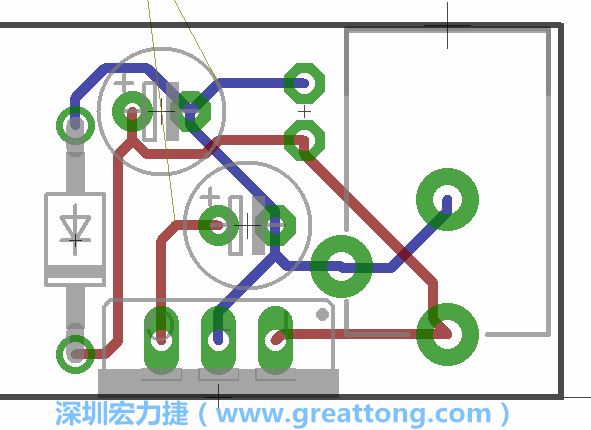 接地連結(jié)點(diǎn)的布線(xiàn)情形如下圖所示，利用這個(gè)練習(xí)來(lái)避免電路連線(xiàn)銳角化的產(chǎn)生是一個(gè)不錯(cuò)的選擇，你可以在工具列中的彎曲線(xiàn)路（Wire Bend）選項(xiàng)里改變各種布線(xiàn)的變化。