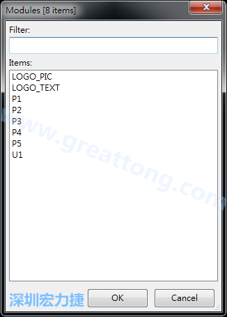 從目前正在編輯的PCB載入Module， 會顯示有那些項目可載入。點選一個， OK后即完成載入