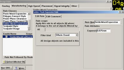 5. 而對(duì)于阻焊的調(diào)整則可以通過(guò)按D、R調(diào)出[Manufacturing]制作設(shè)計(jì)規(guī)則的[Solder-Mask Expansion Rule]設(shè)置項(xiàng)直接設(shè)定單邊放大值
